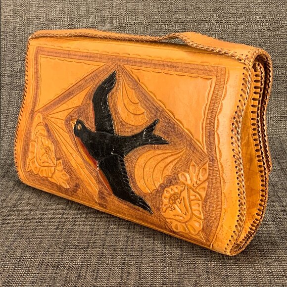 Vintage Hand Tooled Leather Noami Purse - floral large case handmade handbag - Picture 5 of 16